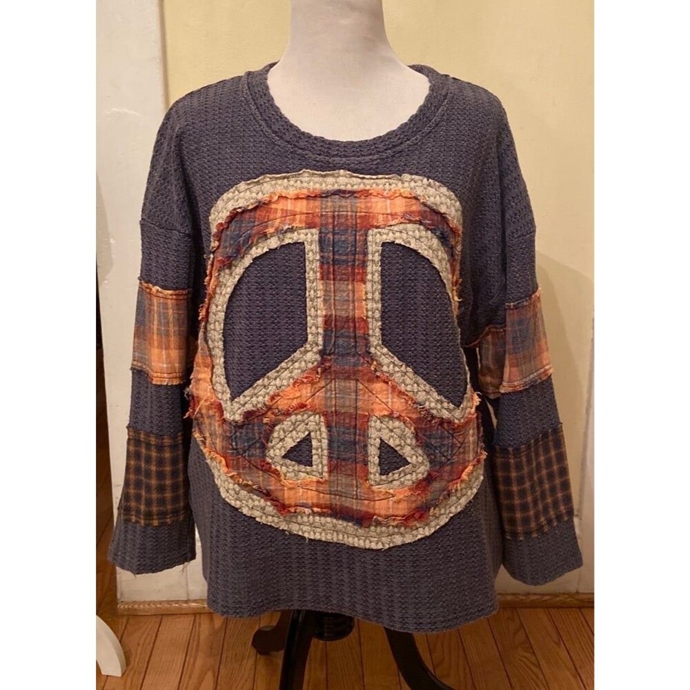 Oli & Hali top Peace sign oversized Sweater OLI HALI pockets plaid NWOT blue new - Picture 3 of 12